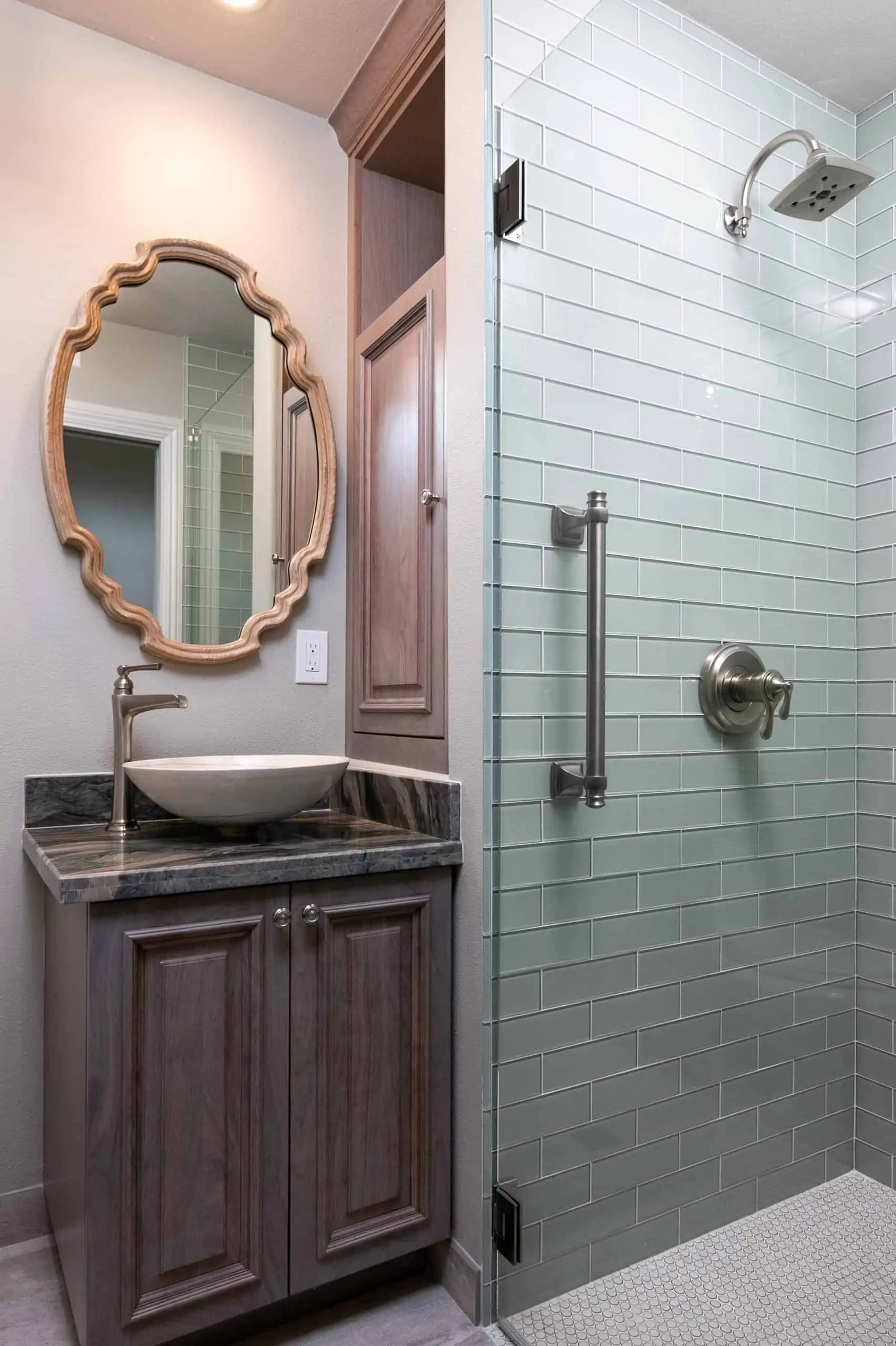 Goleta Bathroom Remodel Blue Green Glass Shower Vanity